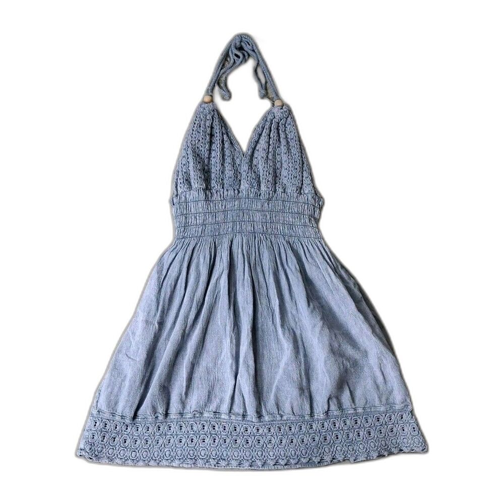 Blanco 100% Cotton Crochet Halter Mini Dress Large Blue Gray Boho Babydoll